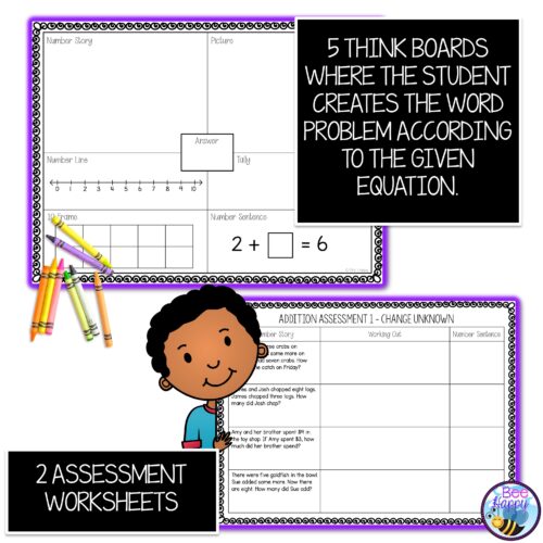 Addition Word Problems Sums Within 10 Change Unknown Think Boards And Assessment
