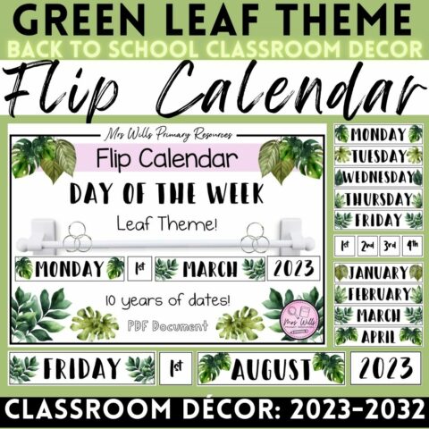 Flip Calendar | Day Of The Week | Green Leaf Classroom Décor Whiteboard Display