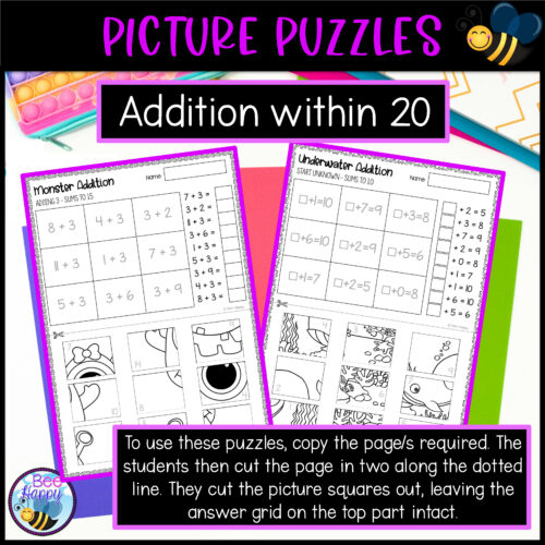 Picture Puzzles Addition Within 20 Monster Addition