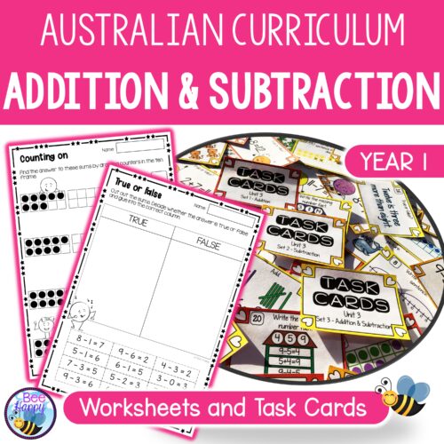 Australian Curriculum Maths Year 1 Addition And Subtraction Worksheets And Task Cards Cover