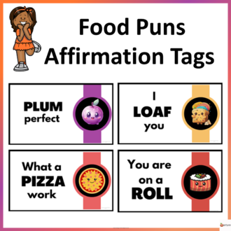 Kawaii food puns affirmation tags cover page