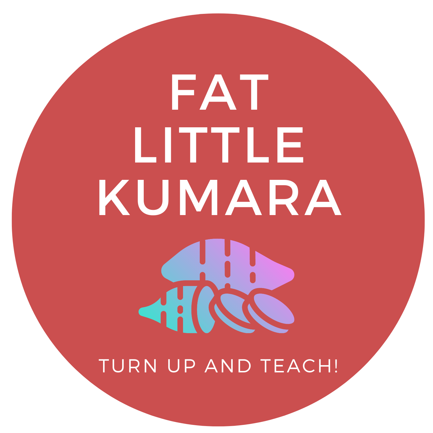 White and Red Circle Art Logo Fat Little Kumara, turn up and teach!