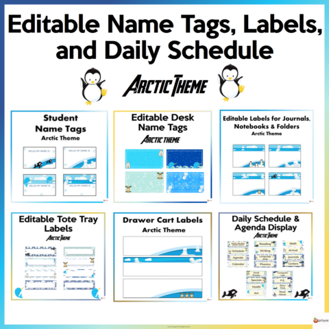 Editable Name Tags, Labels And Schedule Cards Arctic Theme Bundle Cover Page