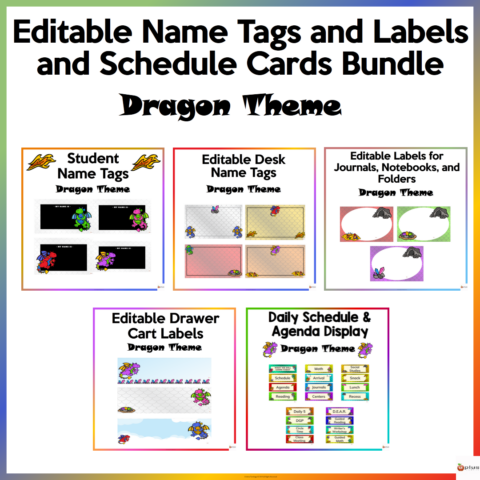 Editable Name Tags, Labels And Schedule Cards Dragon Theme Bundle Cover Page