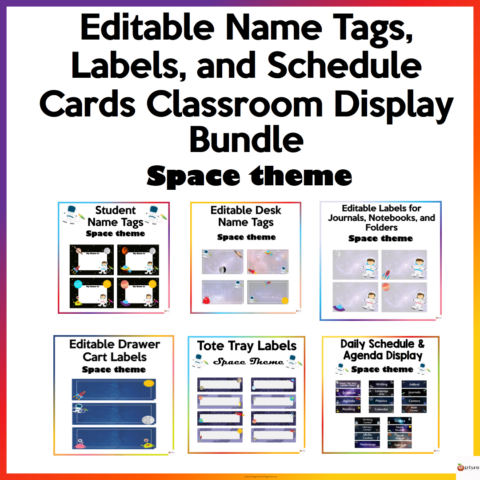 Editable Name Tags, Labels And Schedule Cards Space Theme Bundle Cover Page