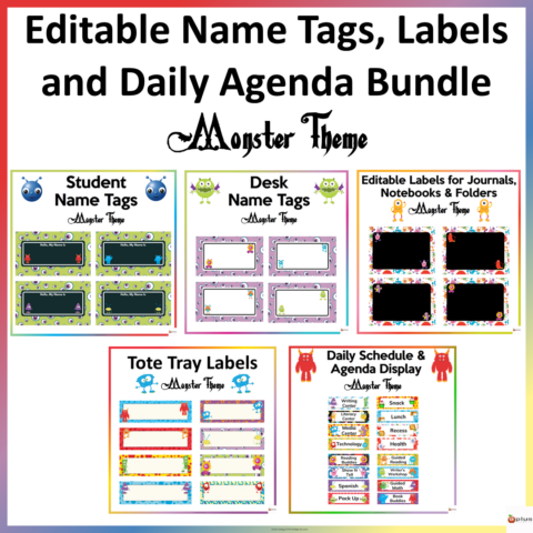 Editable Name Tags, Labels, Daily Agenda Monster Theme Bundle Cover Page