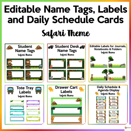 Editable Name Tags, Labels, Daily Schedule Cards Safari Theme Bundle Cover Page
